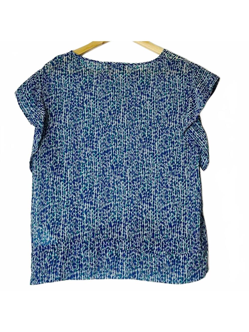 NWOT DKNY Blue White Abstract Print Blouse L Short Sleeve Ruffles Semi-Sheer